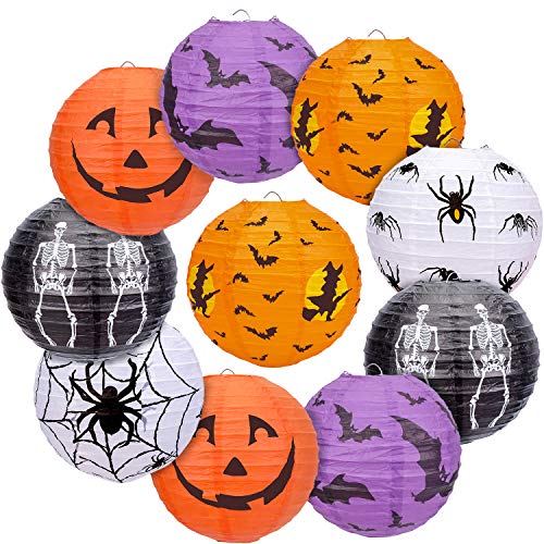 Qpout 10 Lampions Papier Papierlampions Lampions Außen Laterne Lampions Seidenpapier Pompoms Blumen Papierlaternen Hängen Dekorationen, Halloween Partyzubehör Geburtstag Partydekorationen von Qpout