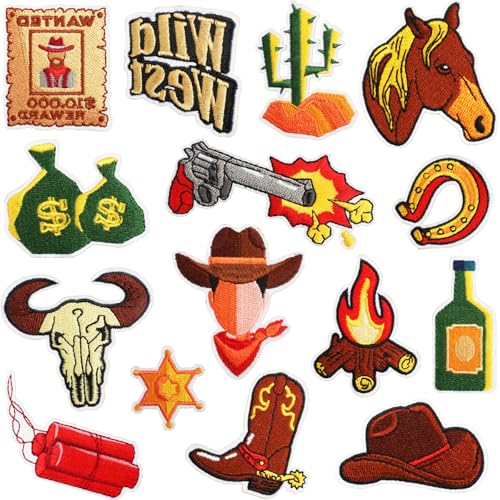 Qpout 15 PCS Western Cowboy Patches zum Aufbügeln Aufbügler, Cowboy Bügelflicken, Flicken zum Aufbügeln für Kleidung Jacken Jeans Kleider Hüte Rucksäcke von Qpout