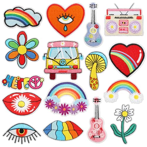 Qpout 16 Stück Psychedelische Hippie Aufbügelnde Patches bunte trippige Vintage bestickte Reparatur dekorative Patches Kit zum Aufnähen von Kleidung Rucksack Jacken Jeans Hüte Hemd DIY Handwerk von Qpout