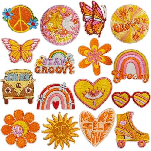 Qpout 16 Stück Hippie Flicken Bügeln auf Vintage Patches Groovy Boho Peace-Zeichen gestickt Reparatur Decoractive Patches Kit zum Aufnähen von Kleidung Rucksack Jacken Jeans Hemd DIY Handwerk von Qpout