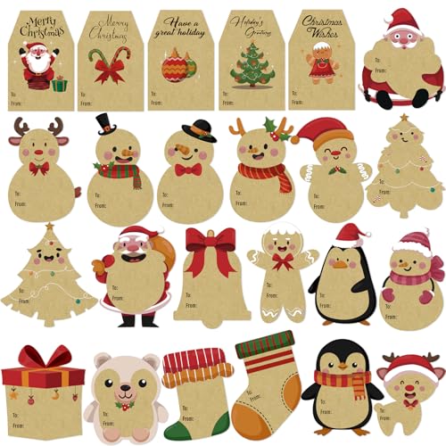 Qpout 168 Pcs Weihnachtsgeschenkanhänger Aufkleber, Kraft selbstklebende Weihnachtsnamensetiketten zu und von Weihnachten Aufkleber für Weihnachten Geschenkboxen Verpackung Geschenkkarten von Qpout