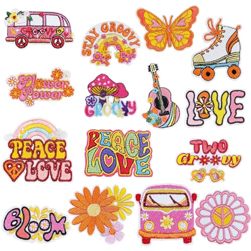 Qpout 17 Stück Hippie Flicken Bügeln auf Vintage Patches Groovy Boho Peace-Zeichen gestickt Reparatur Decoractive Patches Kit zum Aufnähen von Kleidung Rucksack Jacken Jeans Hemd DIY Handwerk von Qpout