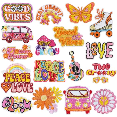 Qpout 17 Stück Hippie Flicken Bügeln auf Vintage Patches Groovy Boho Peace-Zeichen gestickt Reparatur Decoractive Patches Kit zum Aufnähen von Kleidung Rucksack Jacken Jeans Hemd DIY Handwerk von Qpout