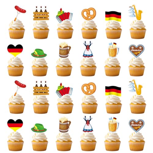 Qpout 24 Stück Oktoberfest Cupcake Topper Oktoberfest Kunchen Deko, Bierfest Kuchen Topper, Bierparty Kuchen Dekoration von Qpout