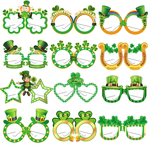 Qpout 24PCS St. Patrick's Day Brille mit 12 Designs Fancy Green Shamrock Irish Paper Foto Requisiten Brillen für Kinder Erwachsene St. Patrick's Day Party Favors liefert Kostümzubehör von Qpout