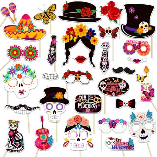 Qpout 30Pcs Dia de Los Muertos Photo Booth Requisiten, Mexikanischer Tag der Toten Zucker Schädel Masken Selfie Requisiten für Cinco de Mayo Halloween Fiesta Party Zubehör Gefälligkeiten von Qpout