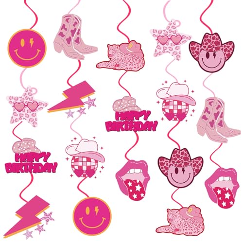 Qpout 30pcs Preppy Party Swirl Dekorationen Hot Pink Preppy Party Hanging Swirl Spirale Y2k Lippen Lightning Leopard Whirl Party Streamer für Teen Mädchen Geburtstag Bachelorette 2000er Rosa Party von Qpout