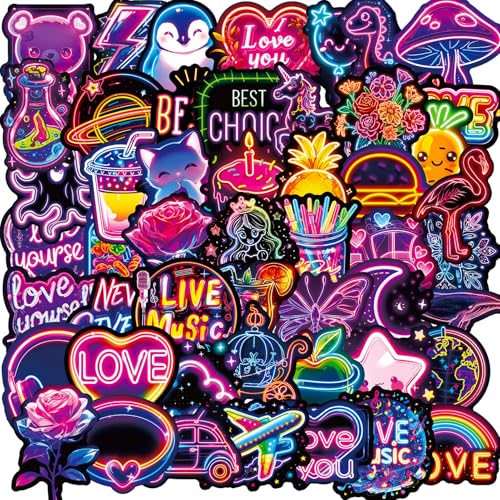 Qpout 50Pcs Neon Aufkleber, Cool Neon Scrapbook Aufkleber Pack, personalisierte Vinyl Aufkleber für Laptop Computer Magic Book Skateboard Gepäck Wasserflasche Gitarrenkoffer Kühlschrank Neon von Qpout