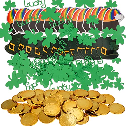 Qpout 50pcs Green St. Patrick's Day Plastik Good Luck Münzen und 100pcs Kleeblatt Klee Konfetti Tisch Streusel St. Patricks Party Irish Tischdekorationen St. Patrick Party Dekorationen von Qpout