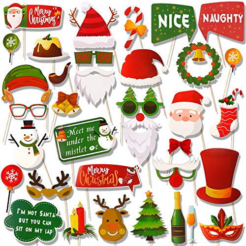 Weihnachten Photo Booth Props Kit (36Pcs), Qpout DIY Weihnachten Photo Booth mit Stick Lustige Weihnachten Selfie Requisiten für Weihnachten Thema Party Favors Dekorationen Decor Supplies von Qpout