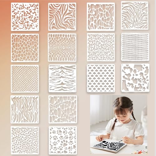 16 Stück Schablonen Set, Vorlagen Set Painting Stencils Zeichenschablonen Wiederverwendbar Kunststoff Schablonen Vorlagen Druck Malerei für Boden Möbel Wandgestaltung Deko DIY Scrapbooking Handwerk von Qtksceadlnce