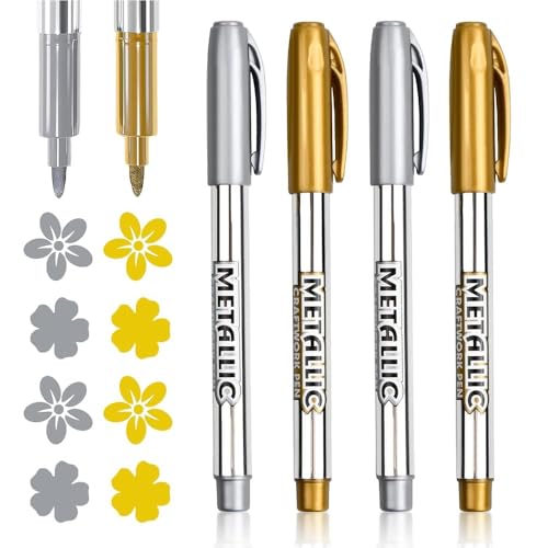 4 Stück Metallic Marker Stifte Set, Metallics Marker mit Faserspitze Glanzlackmarker Metallic Stifte für alle Oberflächen Gold und Silber Metallisch Markierstifte für Malen DIY Fotoalbum Schreiben von Qtksceadlnce