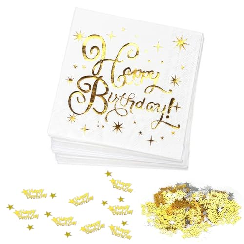 40 PCS Servietten Happy Birthday, Weiß Gold Happy Birthday Papierservietten Gold Geburtstag Party Servietten Premium Stoffähnlich Tischdeko mit Happy Birthday-Konfetti für Geburtstagsfeier von Qtksceadlnce