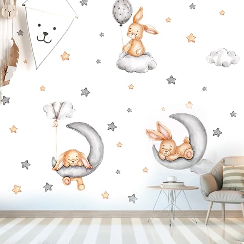 Wandaufkleber Kinderzimmer Tiere, Mit Wolken Sterne Mond Kaninchen Wandaufkleber Lichtfarbe Babyzimmer Wandsticker Aquarell Kinder Selbstklebend Für Kinderzimmer Schlafzimmer Schrank (Set B) von Qtksceadlnce