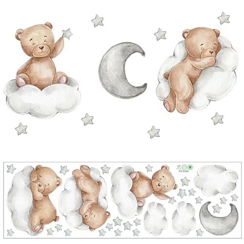 Wandaufkleber Kinderzimmer Tiere, Mit Wolken Sterne Mond Kaninchen Wandaufkleber Lichtfarbe Babyzimmer Wandsticker Aquarell Kinder Selbstklebend Für Kinderzimmer Schlafzimmer Schrank (Set A) von Qtksceadlnce