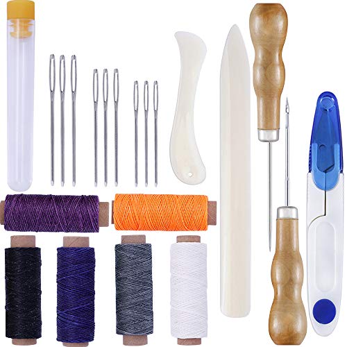 Qtopun Buchbinder-Sets, 20 Stück Leder-DIY-Werkzeuge Lederhandwerk Handwerkzeuge Knochenordner Falzfalter gewachster Faden GroÃŸöhr Nähnadeln Bohren Ahle mit Schere von Qtopun