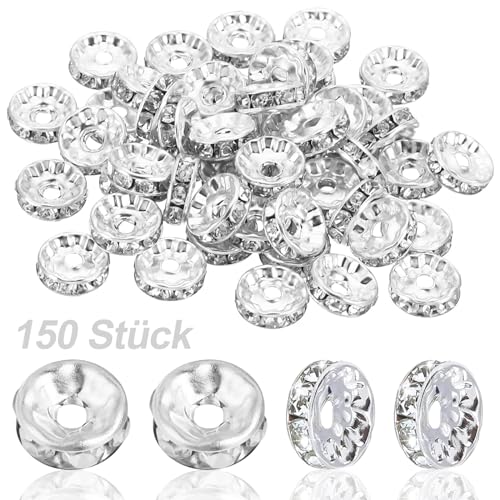 150 Stück 0.24inch/6mm Kristall Abstandshalter Perlen, Rondelle Perlen funkelnden Kristall Strass Abstandshalter Perlen, flache runde lose Kristall Perlen für Schmuck machen Dekorationen (Silber) von QttvbTna