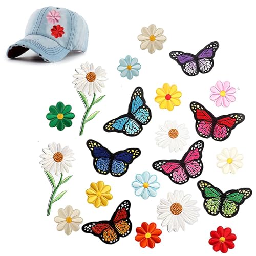 22 Stück Blumen Schmetterlinge bestickte, Aufnähermehrfarbige bestickte Aufnäher Stickerei Nähen, Aufbügeln, Aufnäher für Kinder, DIY T-Shirt, Jeans, Kleidung, Taschen, Flicken von QttvbTna