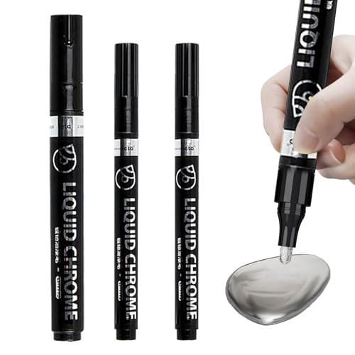 3 Stück Metallic Chrom Silber Marker, wasserdicht Spiegel reflektierende Chrom Farbe Stift, Spiegel Acryl Stifte Farbe, Glanz permanente flüssige Chrom Stift für Modell Metall (0,8mm, 1mm, 2mm) von QttvbTna