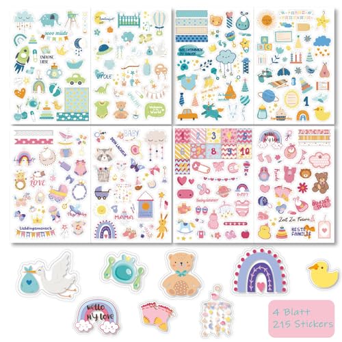 4 Blatt 215 Stickers Babyalbum, Transparent Aufkleber für Kinder und Baby Fotoalben, DIY Scrapbooking-Aufkleber mit Sprüchen und Tieren zum Gestalten, Scrapbook und Bullet Journal Zubehör von QttvbTna