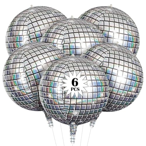 6 Stück silberne Discokugel-Ballons, 55,9 cm, riesige 4D-Folienballons, glänzende Disco-Ballons, große Mylar-Ballons, 70er-, 80er-, 90er-Jahre-Motto-Party-Dekorationen, Disco-Fieber-Party-Dekoration von QttvbTna