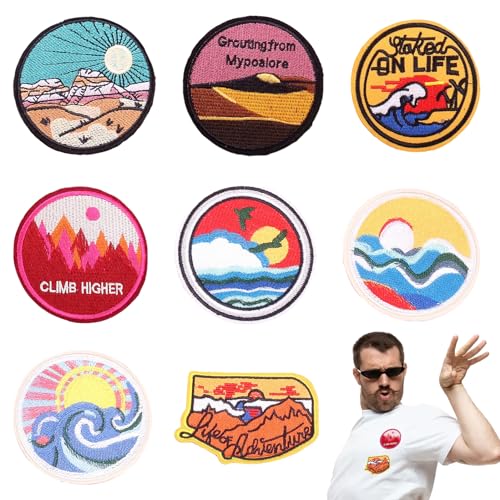 8 Stück Flicken zum Aufbügeln, Sunset Badge Gestickte Bügelflicken Patches Set DIY t Shirt Patches, Gestickte Stoffaufnäher für Clothes, Jacken, Hemden, Jeans, Hüte, Rucksäcke von QttvbTna