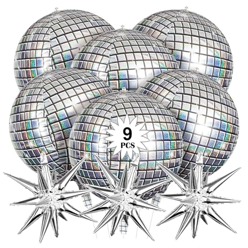 9 Stück Discokugel-Ballons, 4D-Spiegel-Metallic-Ballons, silberfarbene Explosionsstern-Folien-Ballons, großer Stern-Ballon für Disco-Tanz, Party-Dekorationen von QttvbTna