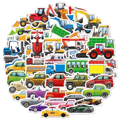 Cartoon Auto Sticker Kinder, 50 PCS Lustigen Wasserfeste Vinyl Sticker Mit Baustelle Fahrzeugn Dekorativen Aufklebern Set Belohnungssticker Aesthetic Aufkleber Kindergarten von QttvbTna