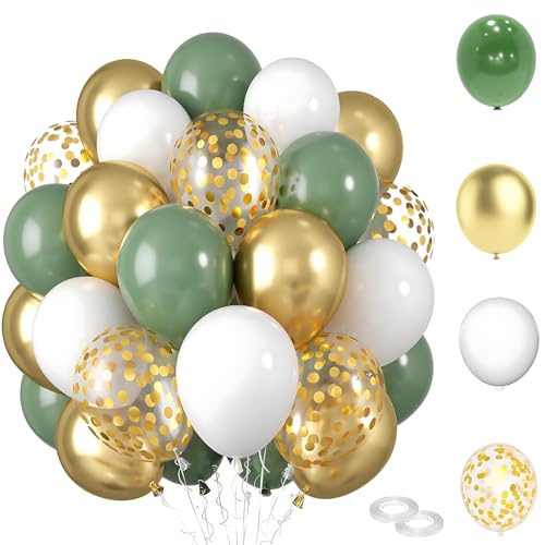 Grüne und goldene Partyballons, 60 Stück 30,5 cm Grün Weiß Metallic Gold Konfetti Latexballons Olivgrün Ballon für Verlobung, Geburtstag, Hochzeit und Party Dekorationen von QttvbTna