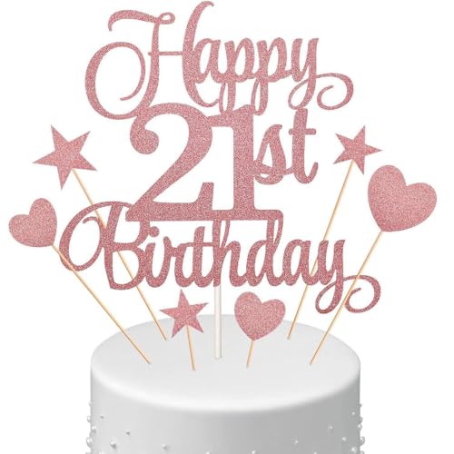 Happy 21st Birthday Cake Toppers, Personalisierte 21st Happy Birthday Cake Topper mit Herz Liebe & Stern Rose Gold Glitzer Kuchen Dekoration für 21 Geburtstag Jahrestag Party Supplies von QttvbTna