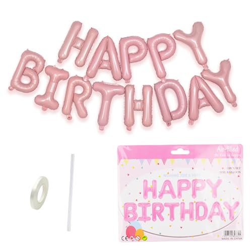 Rosa Happy Birthday Luftballons Banner, 16 Zoll Happy Birthday Folienbuchstabenballons, selbstaufblasende Alphabet Wimpelkette Ballons für Mädchen Frauen Geburtstagsdekorationen und Partyzubehör von QttvbTna