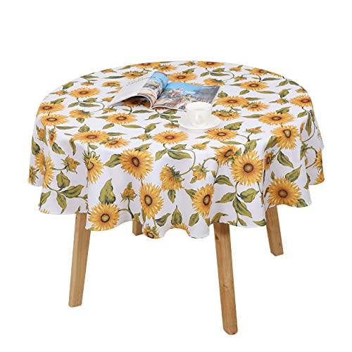 Qucover Tischdecke Rund 150cm mit Sonnenblumen Muster Motiv Tischtuch Abwaschbar Schmutzabweisend aus Polyester Nicht 100% Wasserdicht für Küche Garten Weiß & Gelb Modern von Qucover