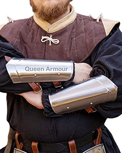 Queen Armour Mittelalterliche Armschienen Armschützer aus poliertem Stahl, mittelalterliche Rüstung, Wikingerausrüstung, Wikinger-Kostüm, Lederarmschützer, Herren-Arme für Lederrüstung, silber, von Queen Armour