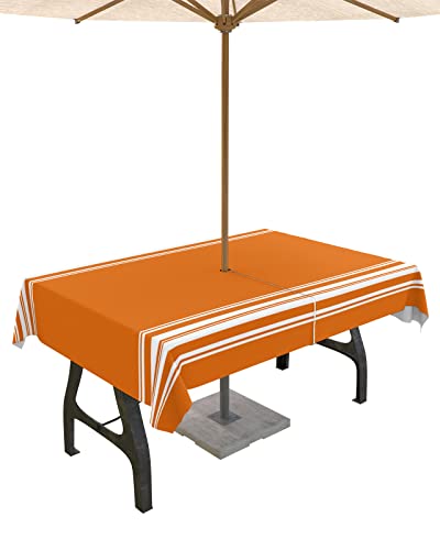 Herbst-Tischdecke mit Schirmloch, Bauernhaus, orange-weiß gestreift, rechteckig, mit Reißverschluss, wasserdichte Tischabdeckung, Kollektion für Terrasse, Garten, Picknick, Camping, Essen von QueenKer