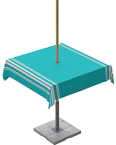 QueenKer Outdoor-Tischdecke mit Schirmloch, Farmhouse Aqua White Stripe Quadratische Tische, wasserdichte Tisch-Kollektion für Terrasse, Garten, Picknick, Camping, Esszimmer, 137,2 x 137,2 cm von QueenKer