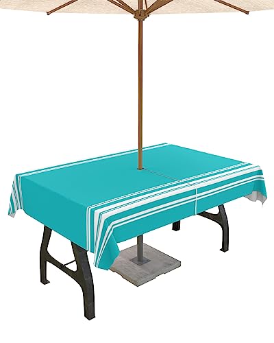 QueenKer Outdoor-Tischdecke mit Schirmloch, Farmhouse Aqua White gestreift, rechteckig, wasserdicht, Tisch-Kollektion für Terrasse, Garten, Picknick, Camping, Esszimmer, 132 x 177,8 cm von QueenKer