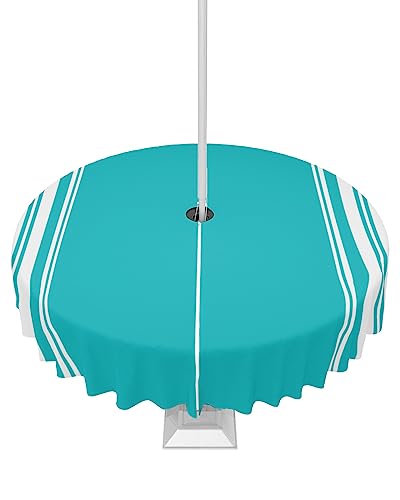 QueenKer Outdoor-Tischdecke mit Schirmloch, Farmhouse Aqua White gestreift, runde Tische, wasserdichte Tisch-Kollektion für Terrasse, Garten, Picknick, Camping, Esszimmer, 54R von QueenKer