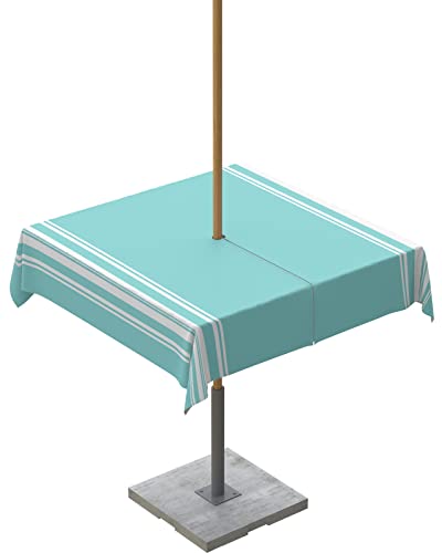 QueenKer Outdoor-Tischdecke mit Schirmloch, Farmhouse Blaugrün mit weißen Streifen, quadratisch, Tisch-Kollektion für Terrasse, Garten, Picknick, Camping, Esszimmer, 152,4 x 152,4 cm von QueenKer