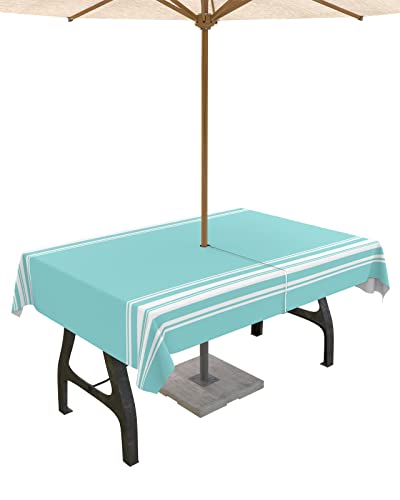 QueenKer Outdoor-Tischdecke mit Schirmloch, Farmhouse Blaugrün mit weißen Streifen, rechteckige Tische, wasserdichte Tisch-Kollektion für Terrasse, Garten, Picknick, Camping, Esszimmer, 132 x 177,8 cm von QueenKer