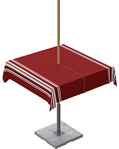 QueenKer Outdoor-Tischdecke mit Schirmloch, Farmhouse Weinrot mit weißen Streifen, quadratische Tische, wasserdichte Tisch-Kollektion für Terrasse, Garten, Picknick, Camping, Esszimmer, 152,4 x 152,4 von QueenKer