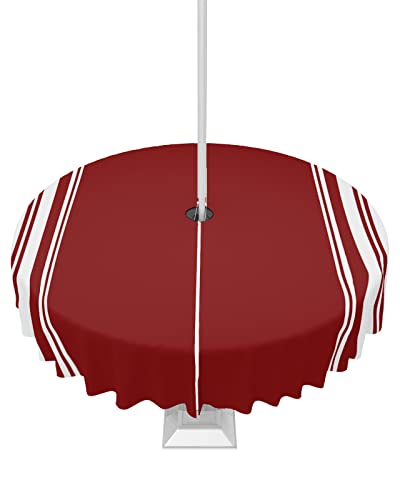 QueenKer Outdoor-Tischdecke mit Schirmloch, Farmhouse Weinrot mit weißen Streifen, runde Tische, wasserdichte Tisch-Kollektion für Terrasse, Garten, Picknick, Camping, Esszimmer, 60R von QueenKer