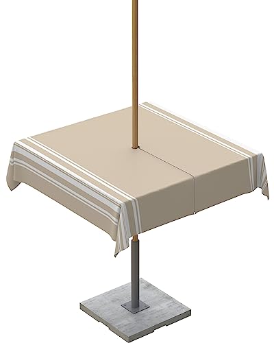 QueenKer Outdoor-Tischdecke mit Schirmloch, Khaki und Weiß gestreift, quadratisch, Tisch-Kollektion für Terrasse, Garten, Picknick, Camping, Esszimmer, 137,2 x 137,2 cm von QueenKer