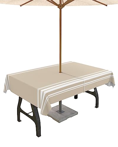 QueenKer Outdoor-Tischdecke mit Schirmloch, Khaki und Weiß gestreift, rechteckig, wasserdicht, Tisch-Kollektion für Terrasse, Garten, Picknick, Camping, Esszimmer, 132 x 177,8 cm von QueenKer