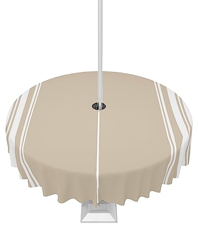 QueenKer Outdoor-Tischdecke mit Schirmloch, Khaki und Weiß gestreift, runde Tische, wasserdichte Tisch-Kollektion für Terrasse, Garten, Picknick, Camping, Esszimmer, 60R von QueenKer