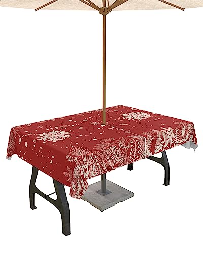 Weihnachtliche Outdoor-Tischdecke mit Schirmloch, wasserdichte Tischdecke mit Reißverschluss für rechteckige Tische, Schneeflocke, rote Bäume, Pflanzen, Tisch-Kollektion für Terrasse, Garten, von QueenKer