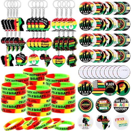 Quelay 100 Stück Black History Month Partygeschenke enthalten 24 Stück Black History Month Schlüsselanhänger, 26 Stück Gummi-Armbänder, 50 Stück Button Pins Abzeichen für afrikanische Amerikaner Black von Quelay