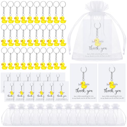 Quelay 54 Sets gelbe Enten-Schlüsselanhänger, Wertschätzungsgeschenke mit Dankeskarten, Organza-Beutel, 3D-Gummiente, Schlüsselanhänger, Mini-Enten-Schlüsselanhänger, Wertschätzungsgeschenke für von Quelay