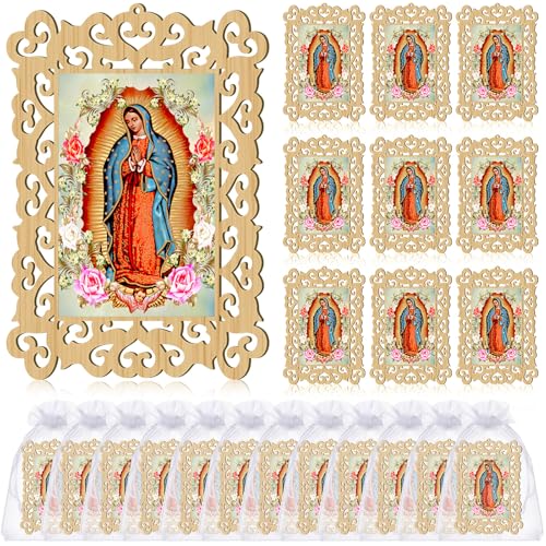 Quelay Holz-Bilderrahmen "Our Lady of Guadalupe" mit Organza-Geschenkbeuteln, Taufgeschenke für Gäste, Erstkommunion, Taufe, Gedenkgravur, Gastgeschenk, katholische Geschenke, Recuerdos De Bautizo, 12 von Quelay