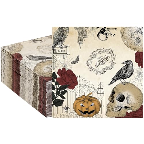 Quera 50 Stück Halloween Gothic Papierservietten Tag der Toten Totenkopf Rose Krähe Servietten Vintage Einweg-Servietten für Halloween Geburtstag Party Supplies Tischdekoration 16,5 x 16,5 cm von Quera