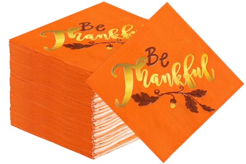 Quera 50 Stück Thanksgiving-Papierservietten, Goldfolie, Aufschrift "Be Thankful", Herbstblätter, Einweg-Servietten, Herbstdekorationen, Partyzubehör, Abendessen, Küche, Tischdekoration, 16,5 x 16,5 von Quera